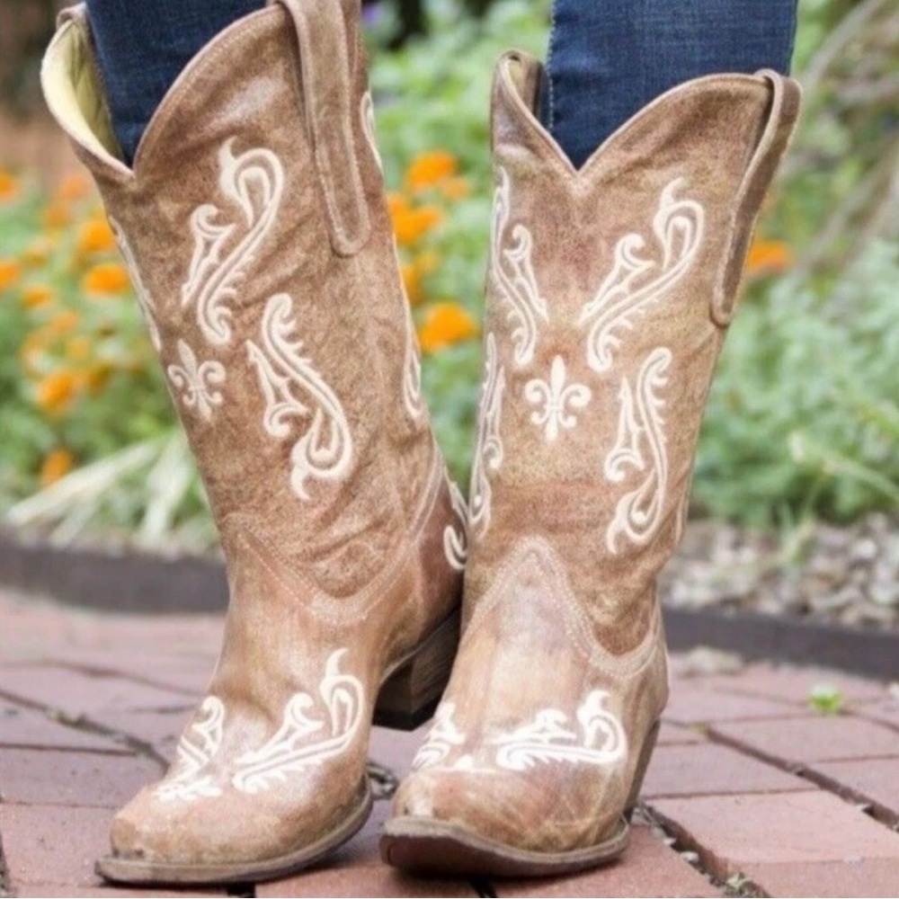 Sz 9 Corral R1974 Honey Cortez Fleur de lis Stitched Western Boots - Picture 6 of 17